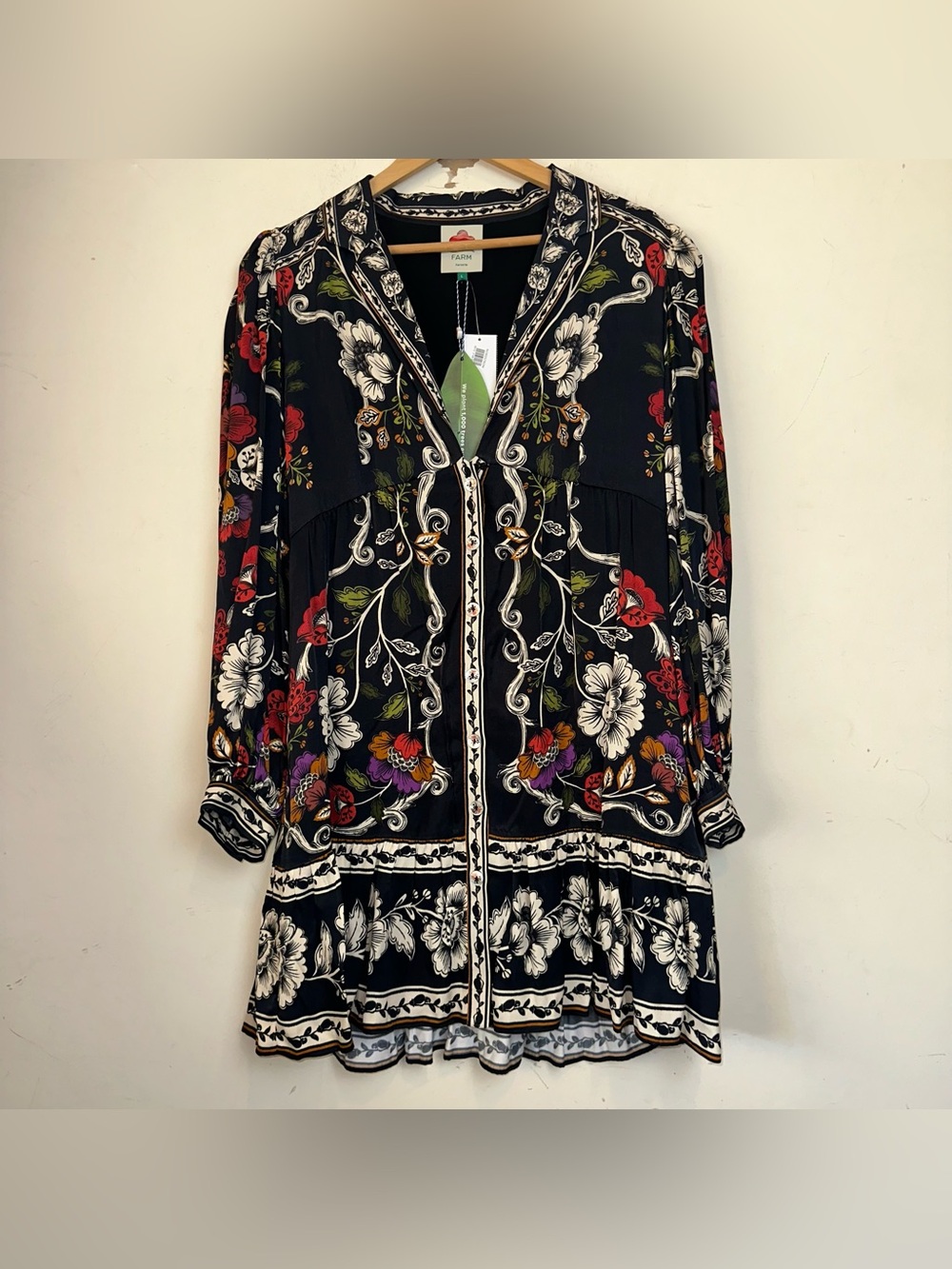 Farm Rio Roccoco Floral Minidress Womens Large Multicolor Bell Sleeves Bohemian - Picture 7 of 16